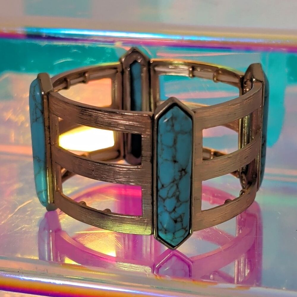 Faux Turquoise Statement Cuff Bracelet Silver Tone Southwestern Boho Western